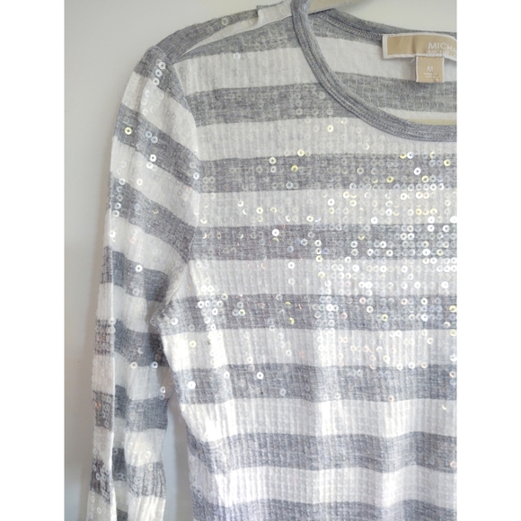 Michael by Michael Kors Sequin Striped Tee Dress Gray White Long Sleeve Crew - Picture 5 of 10